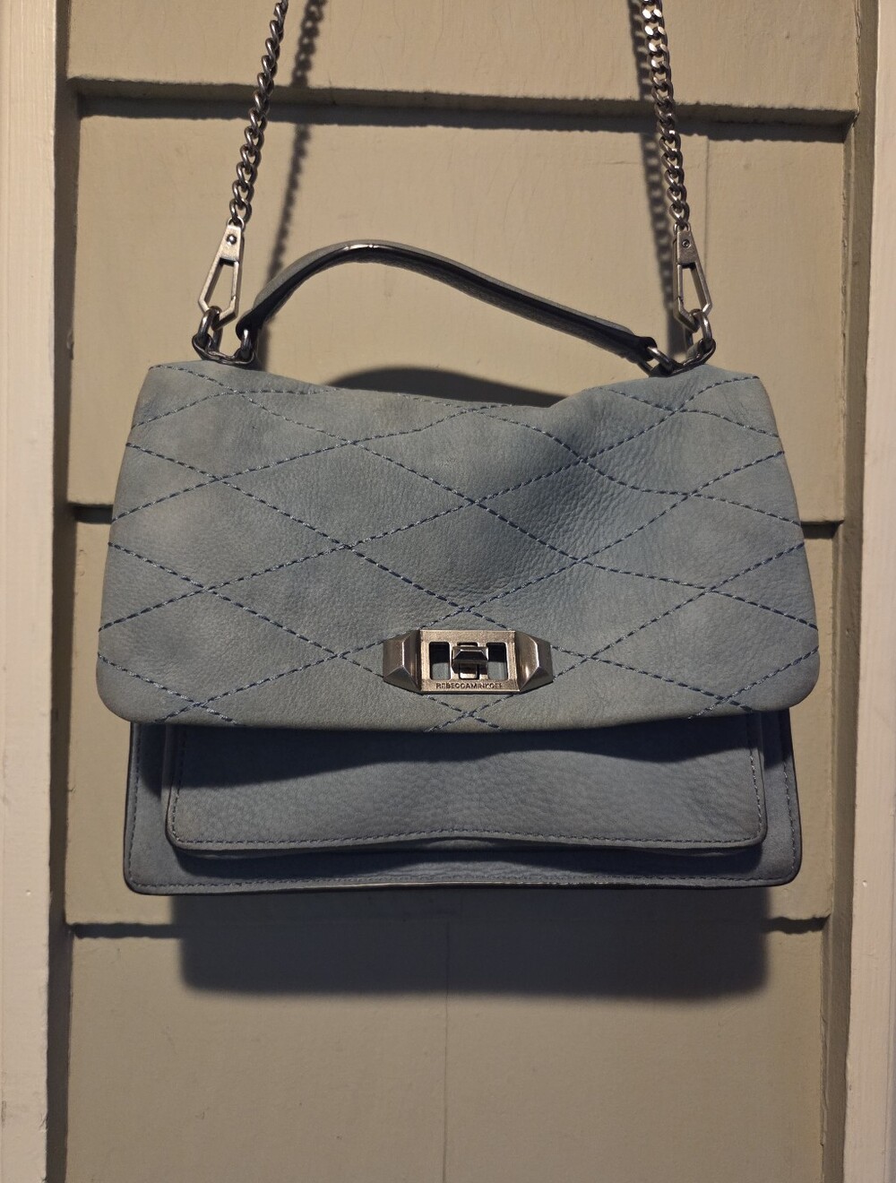 Rebecca Minkoff Blue Gray Edie Crossbody with Dust Bag Metal Chain Quilted Suede